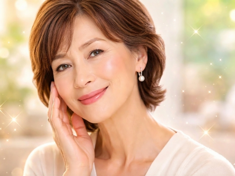 チークで血色感をプラスしツヤのある肌に仕上げる60代女性のメイクシーン