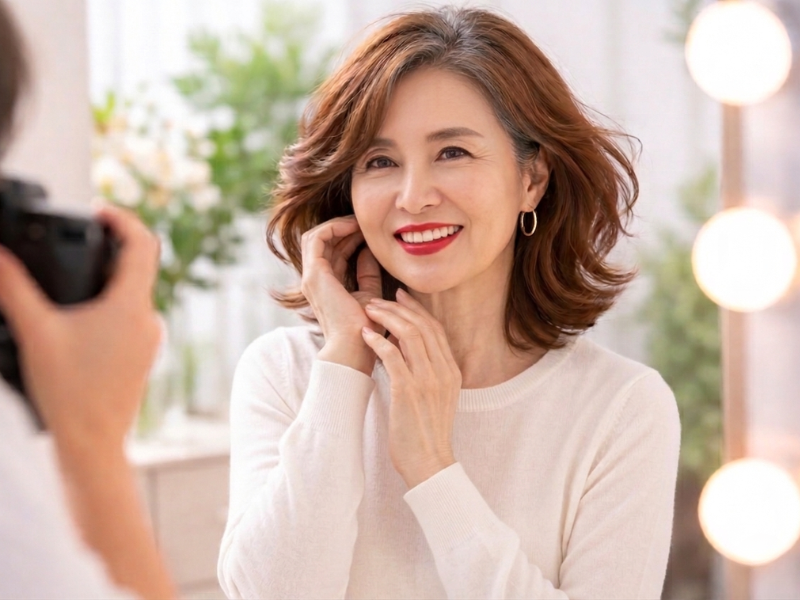 赤いルージュと軽やかなヘアで笑顔を見せる60代女性のポートレート