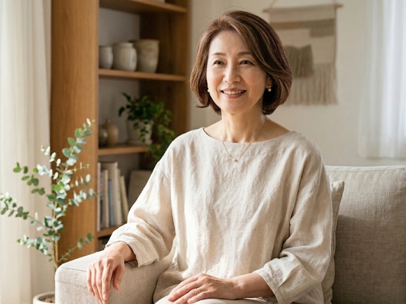 60代の痩せ型さんに似合う、ボートネックブラウスを着た痩せ型女性のコーデ例