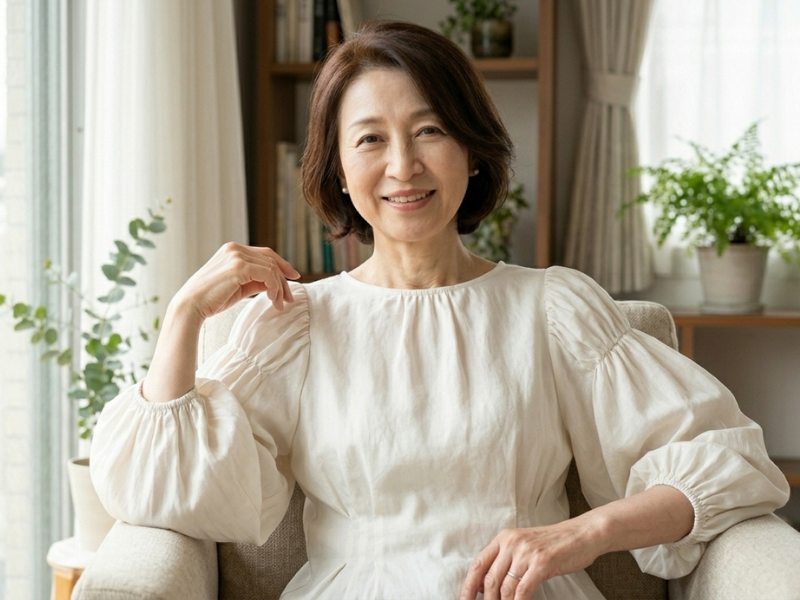 パフスリーブブラウスで上半身にボリュームを出したコーデ例