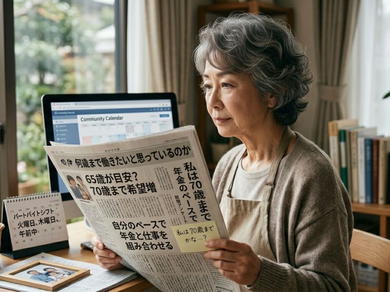 自宅のリビングで、落ち着いた表情で新聞やタブレットを見ながら将来のライフプランを考える60代女性。