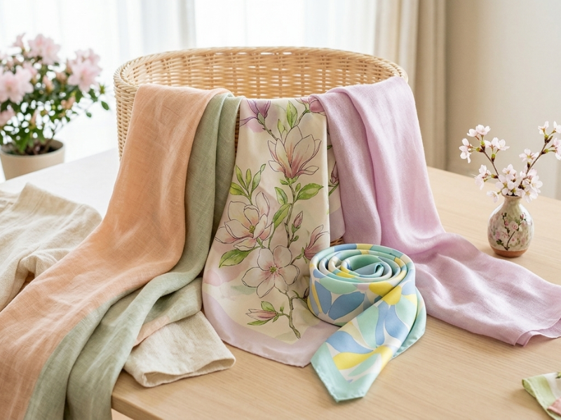 顔まわりを華やかにする明るい色のスカーフの例