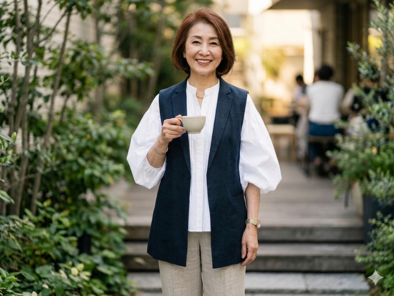 ジレをブラウスに重ねて立体感を出したコーデ例