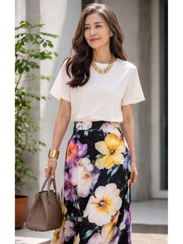 華やかなスカートを堂々と着こなして歩く高身長女性