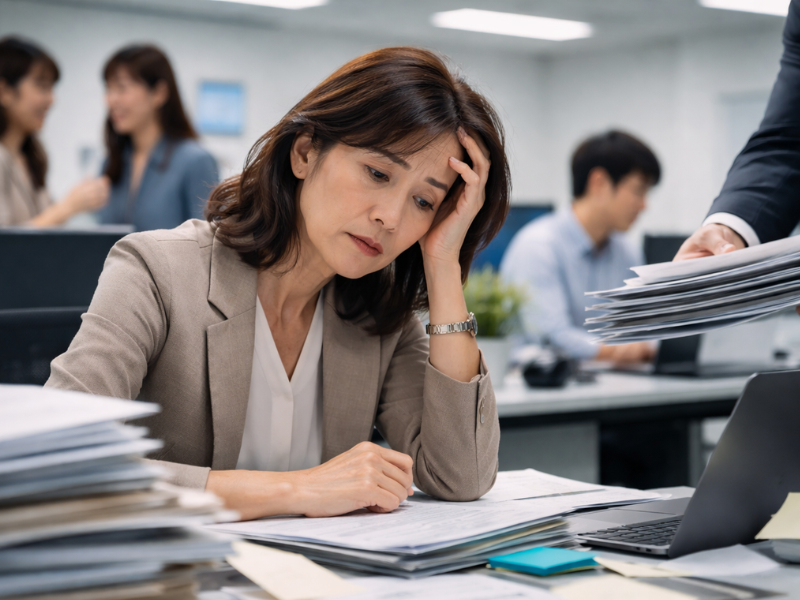 仕事が大変で悩んでいる女性の様子
