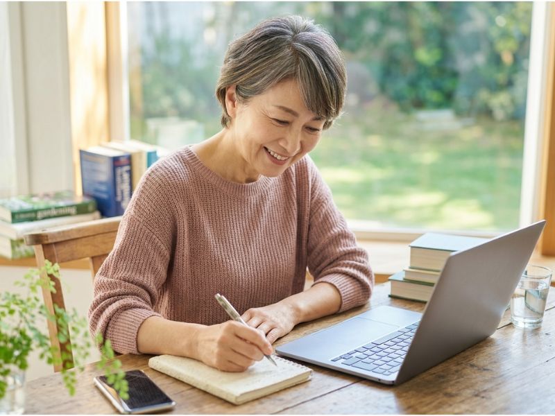 柔らかな光が差し込む窓辺のデスクで、ノートパソコンとノートを前に新しい学びに挑戦する60代女性の笑顔