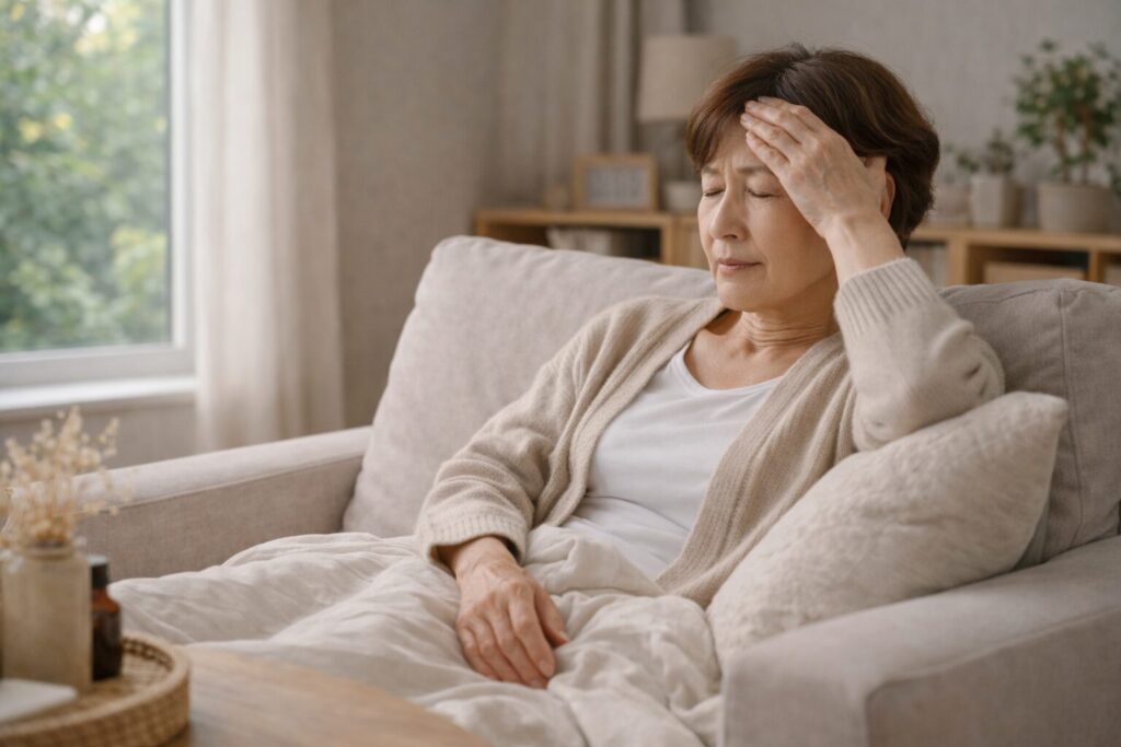 体調不良を感じてソファで休みながら自分をいたわる60代女性