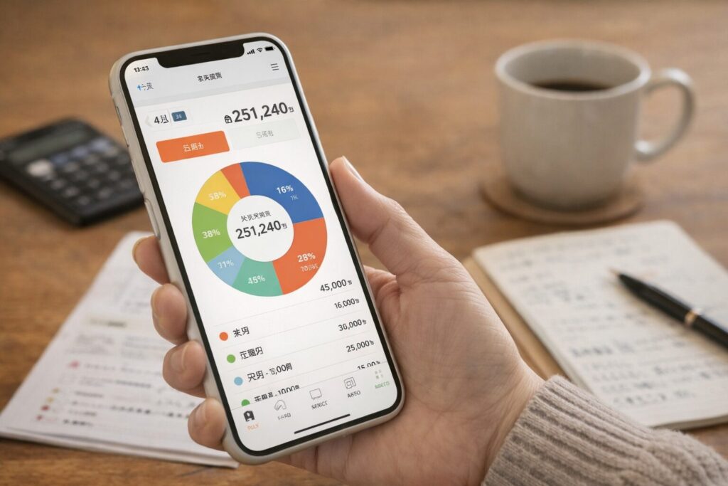 スマートフォンの家計簿アプリで支出を確認し家計を見える化しているイメージ