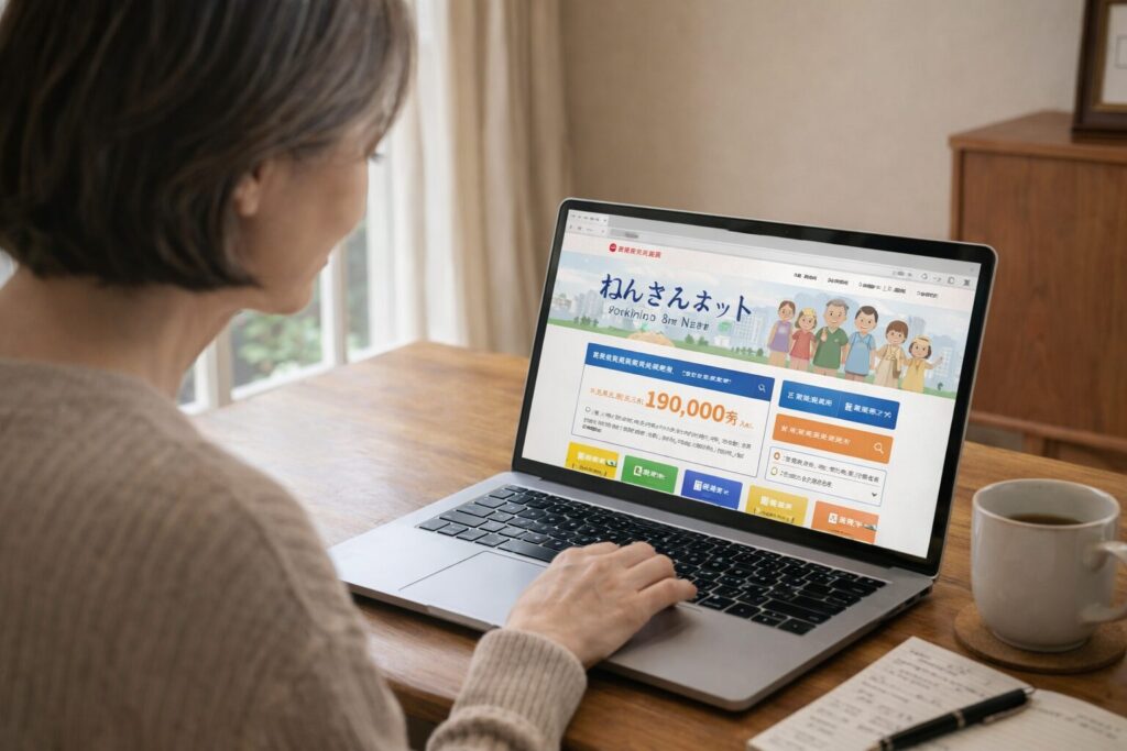 パソコンで年金の受給見込み額を確認している60代女性