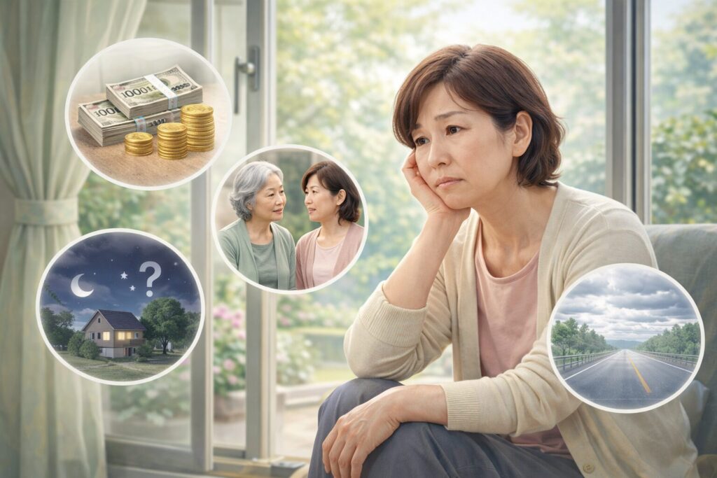 室内で椅子に座り、少し不安そうな表情を浮かべる60代の日本人女性。心の悩みや迷いを感じている様子。