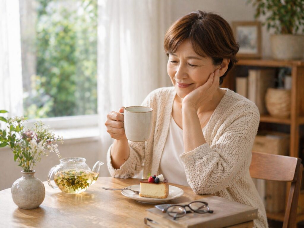 お茶とスイーツを楽しみながら自分時間を満喫する60代女性