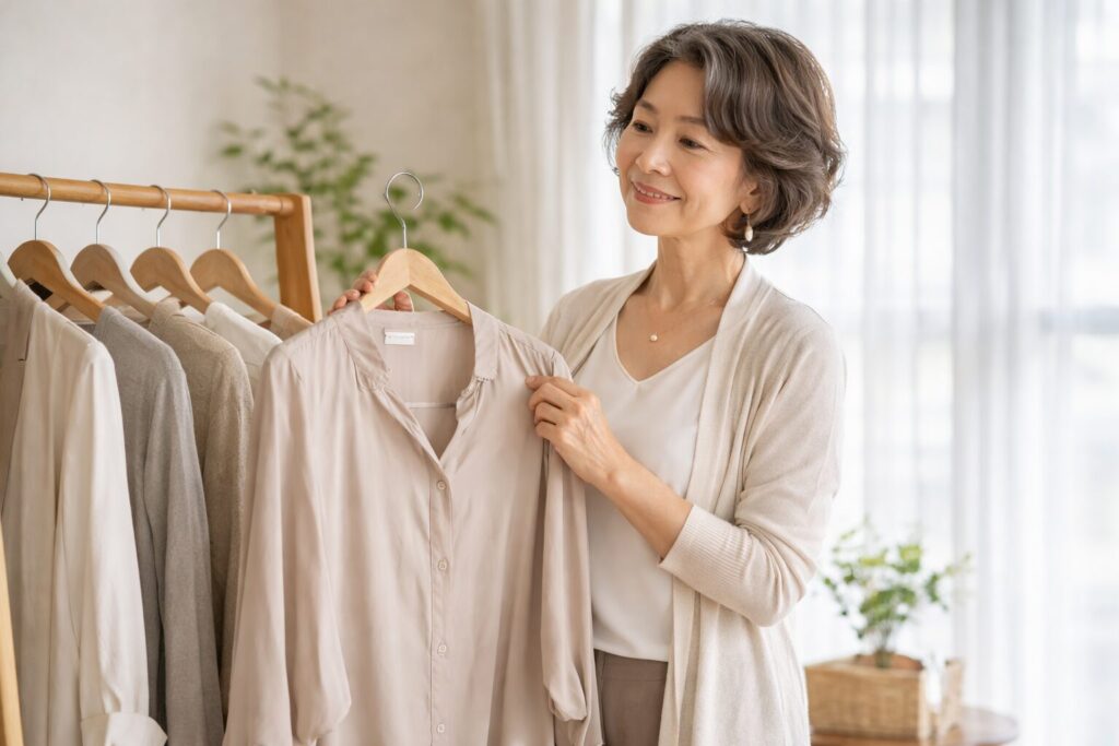 やわらかな表情でブラウスを手に取り、今の体型に合う服を選ぶ60代女性