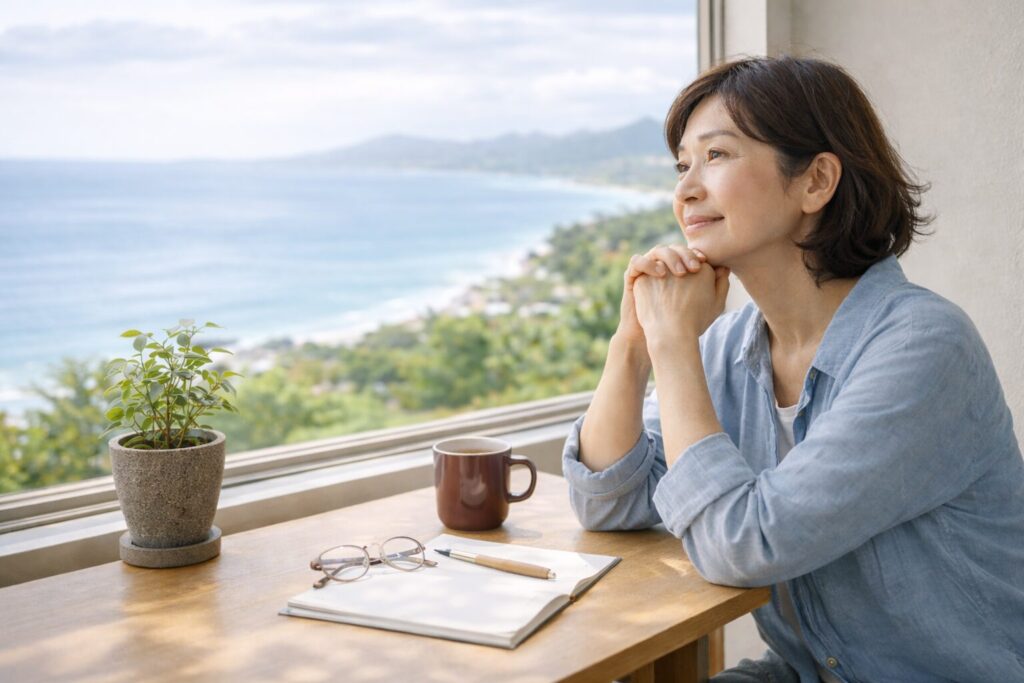 海を眺めながら静かに過ごす60代の日本人女性。落ち着いた表情で、自分と向き合っている穏やかな時間。
