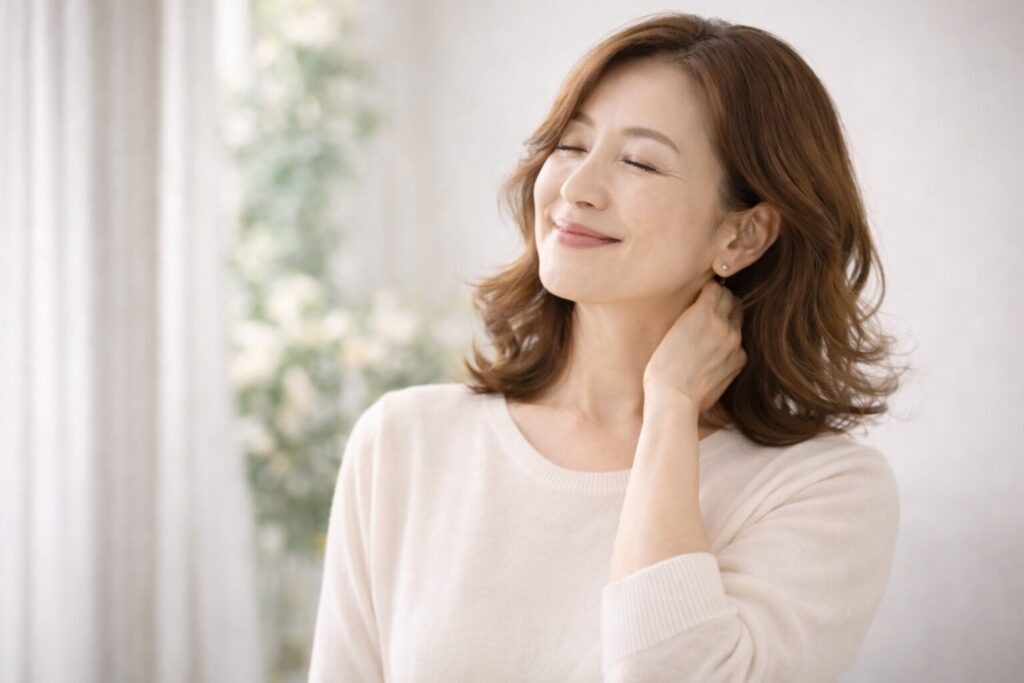 やわらかな光の中で目を閉じて微笑むナチュラルな装いの60代女性