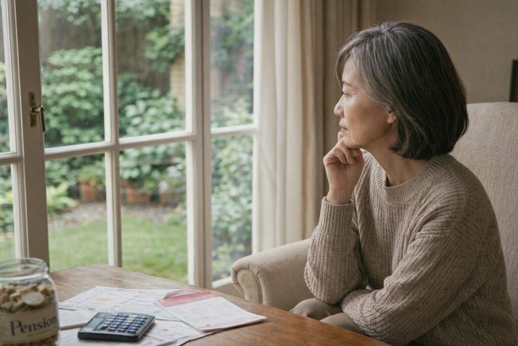老後資金や将来の生活費について考えながら窓の外を見つめる60代女性