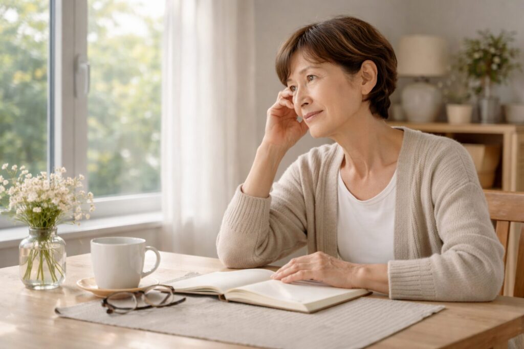 窓辺でこれからの暮らしを考えながら穏やかに過ごす60代女性