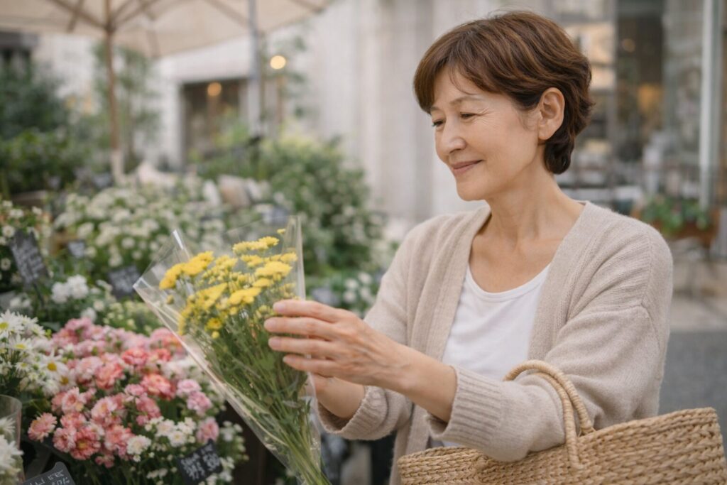 自分のために花を選び心地よい買い物を楽しむ60代女性