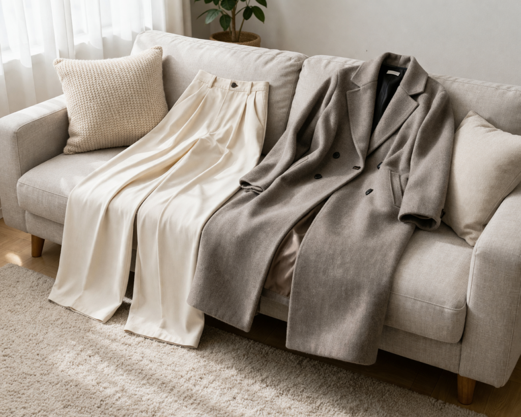 パンツとコートを組み合わせてコーデを考えている様子