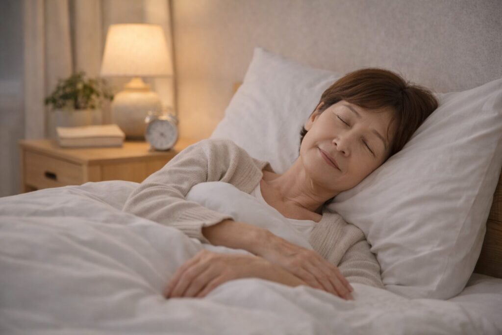 ベッドでぐっすり眠り心地よく休む60代女性のナイトルーティン