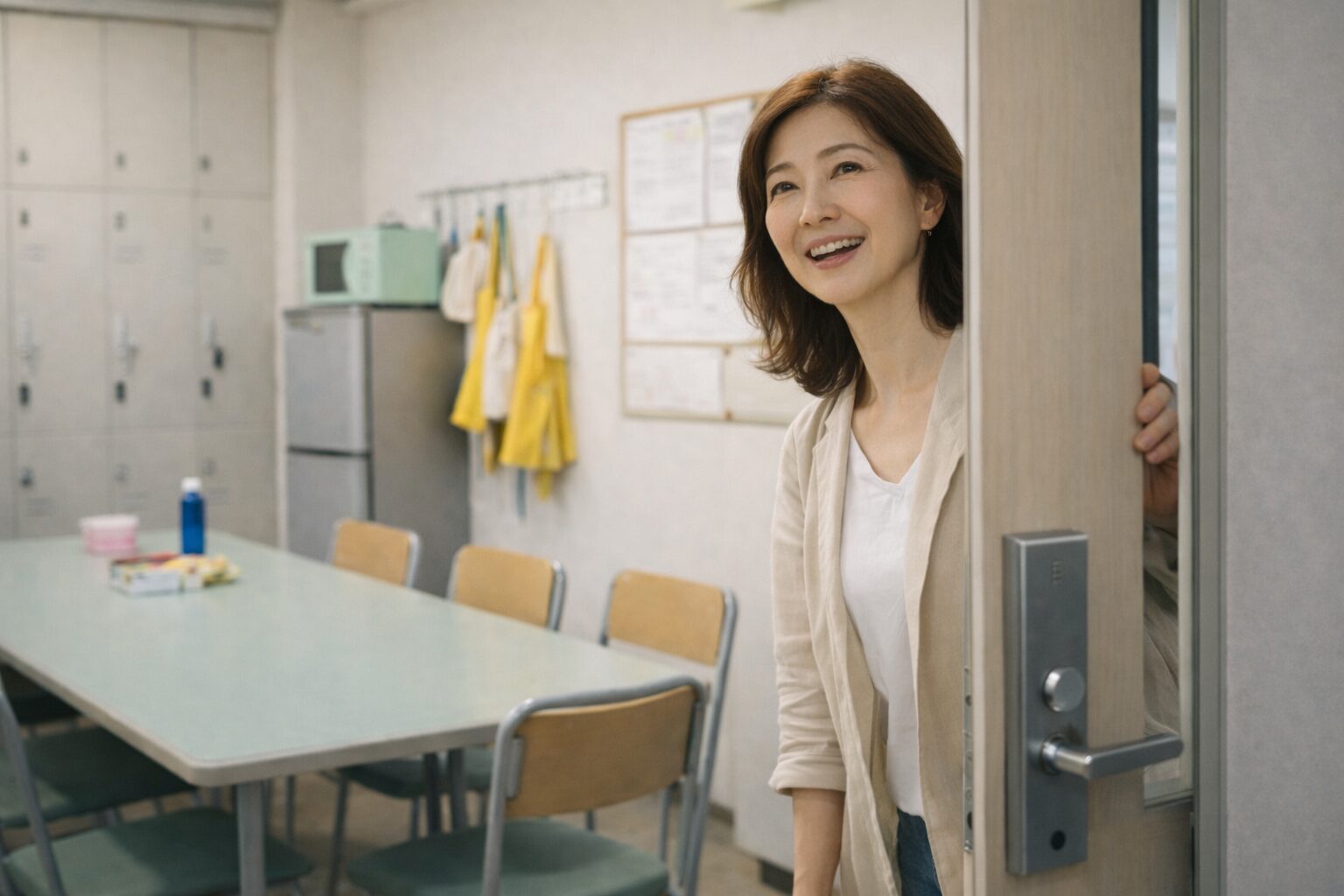 給食室の休憩室のドアを開けて初出勤で挨拶する60代日本人女性の様子