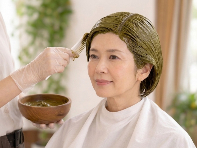 60代からの『天然ヘナ』でツヤと健康を取り戻す、ヘナを塗布している60代女性の様子