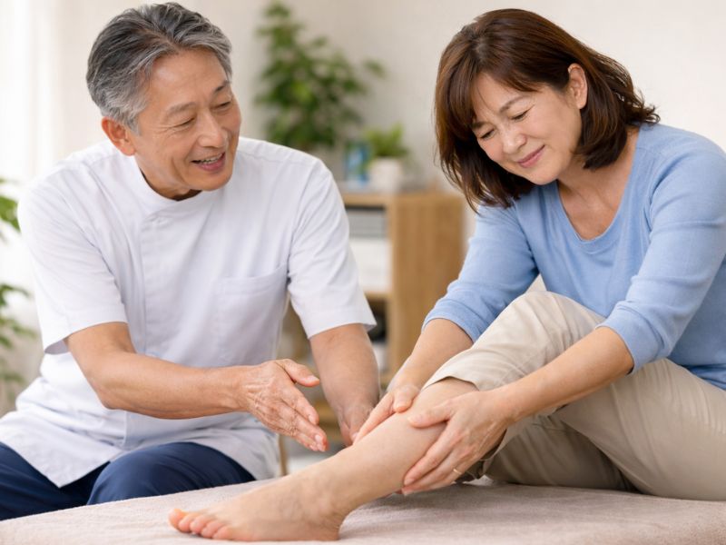整体師からふくらはぎのマッサージ方法を教わる60代前半の日本人女性