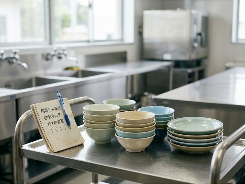 ピカピカに磨かれたステンレス製のカートに、整然と積み上げられた陶器の食器と自前のメモ帳が置かれている給食室の風景。