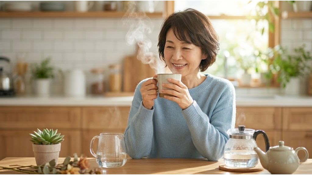 朝の光が差し込む明るいキッチンで、温かい白湯が入ったマグカップを手に、穏やかに微笑む60代の女性。テーブルには透明な急須と多肉植物が置かれ、心地よいデトックス習慣をイメージさせる風景。