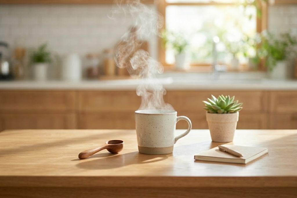 陽光が降り注ぐ明るい木目調のテーブルに置かれた、湯気が立ち上るシンプルなマグカップ。傍らには木のスプーンと多肉植物が置かれ、医学的な代謝アップを連想させる温かで清潔感のあるキッチンの風景。
