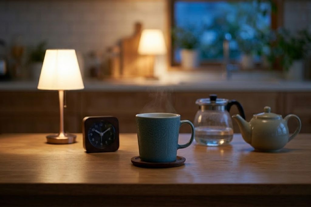 夜の薄暗いキッチンで、静かな灯りに照らされた白湯の入ったマグカップ。横には夜10時を指す置き時計があり、眠る前の心地よいデトックスタイムを表現した風景。