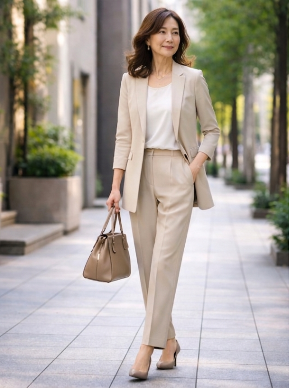 パンツスーツをすっきり着こなした高身長女性