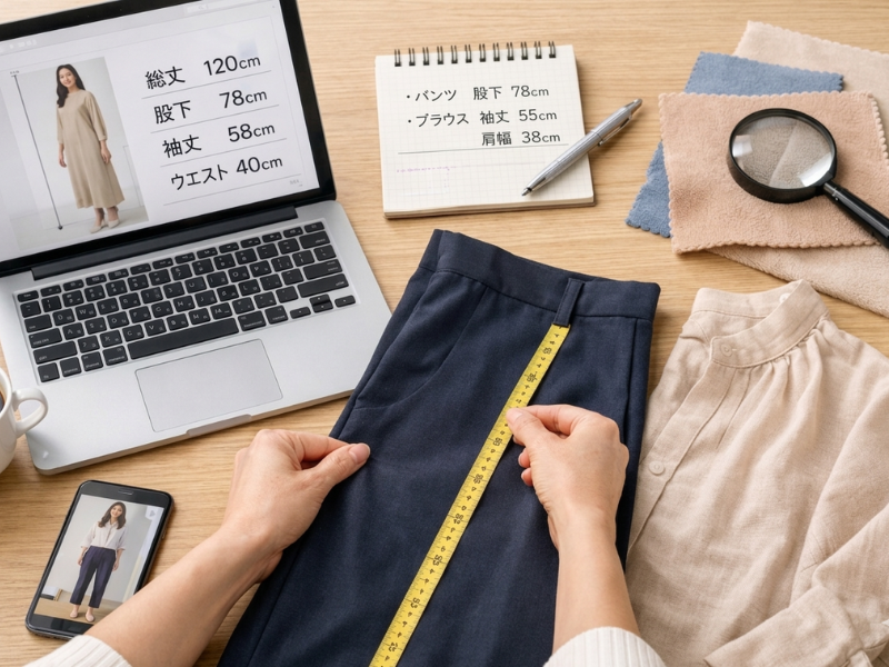 洋服のサイズを測って実寸を確認している様子