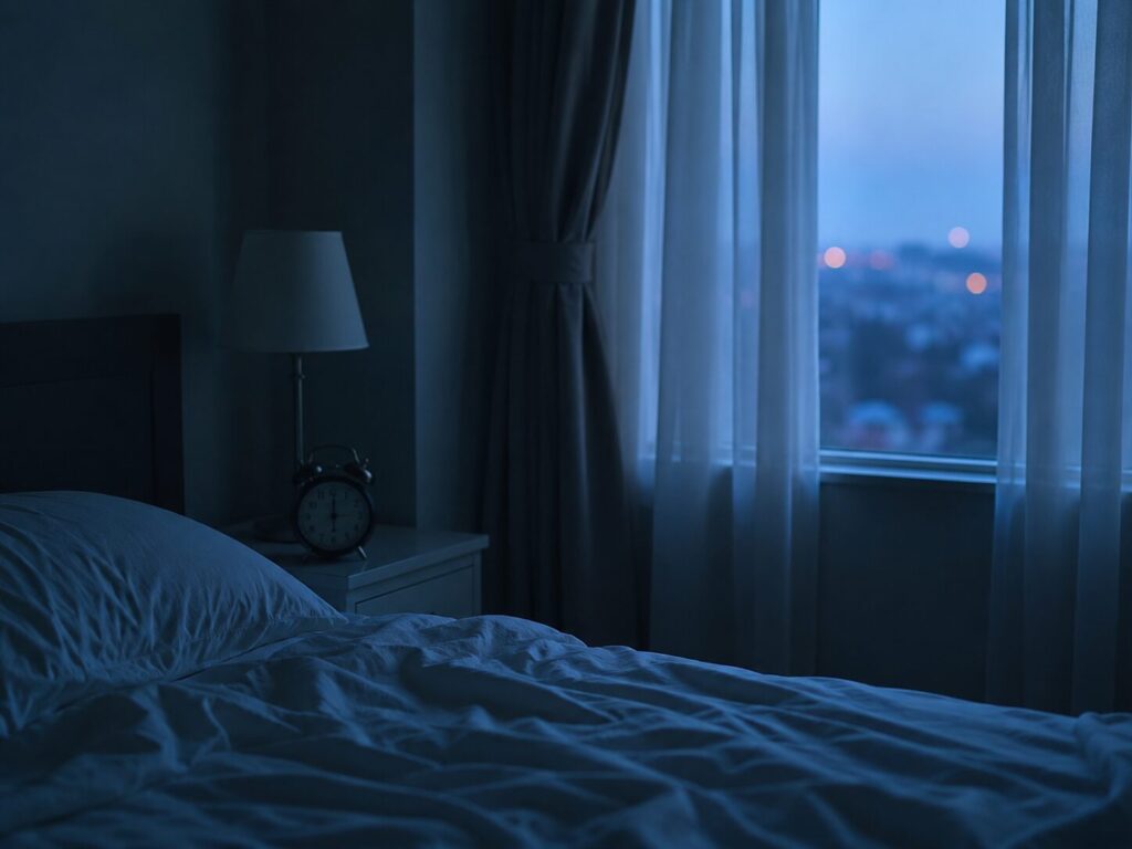 明け方前の静かな寝室。薄暗い部屋にベッドと窓辺が映り、朝4時頃に目が覚める不安感や静かな緊張感を表現した風景。