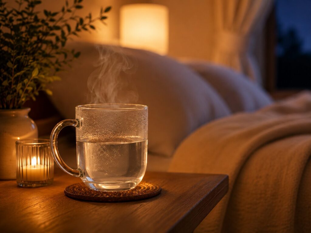寝る前に心を落ち着かせるために飲む白湯。翌朝の快便にもつながる。