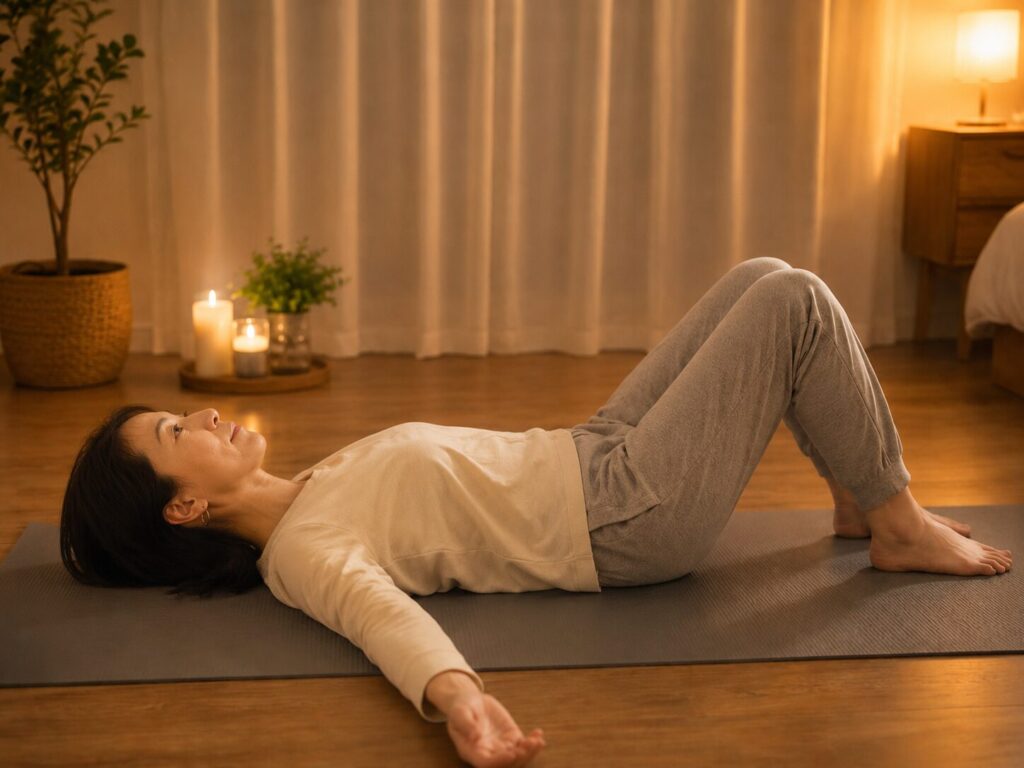 暖かな灯りの部屋で、ヨガマットの上に仰向けで横たわる60代女性。寝る前に身体をゆるめ、深呼吸しながらリラックスしている様子。