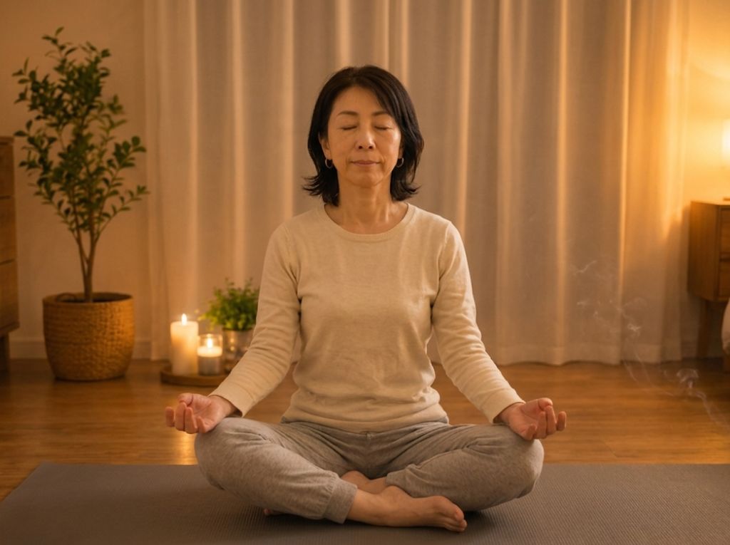 夜の柔らかな明かりの中、ヨガマットの上で目を閉じ、静かに座って深呼吸をする60代の女性の姿。