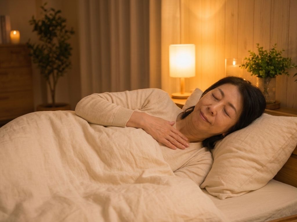 ベッドの中でリラックスし、自分自身に優しい言葉をかけるように胸に手を当てて微笑む60代女性。